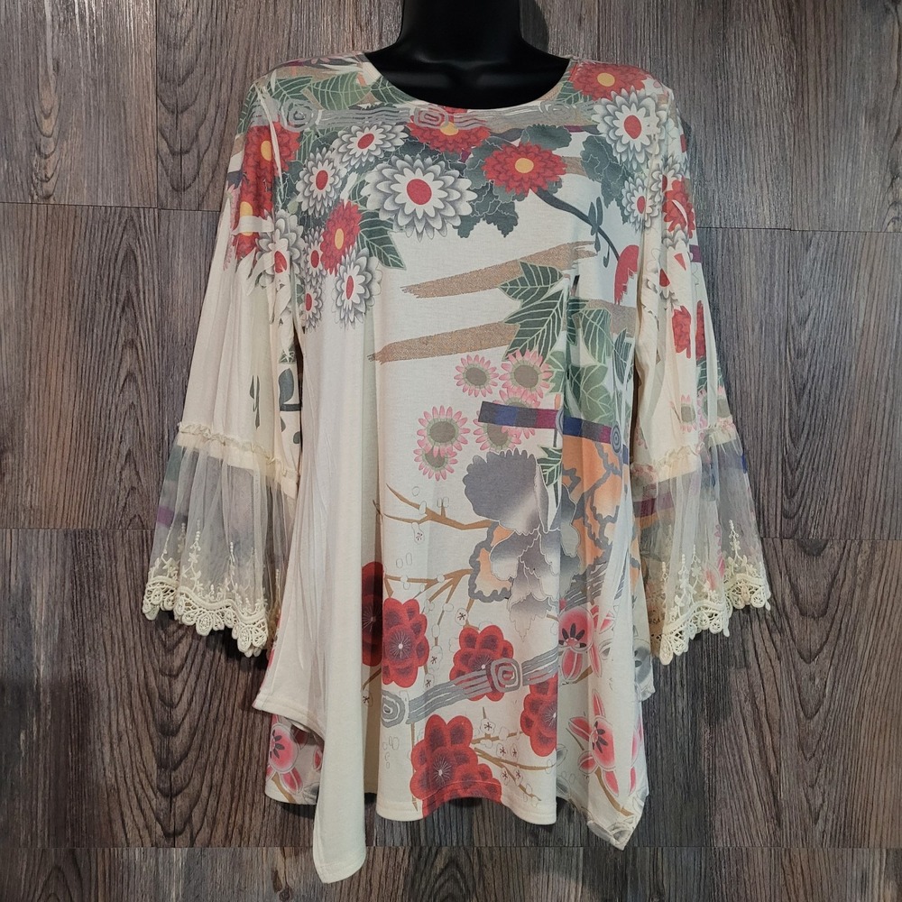 Origami Art to Wear Knit Blouse Size L Abstract Asian Floral Lace Bell Sleeves